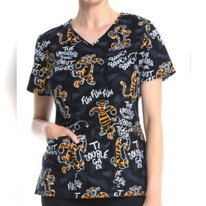 Disney Women's Black and Orange Graphic Scrub Top Size S 100% Cotton